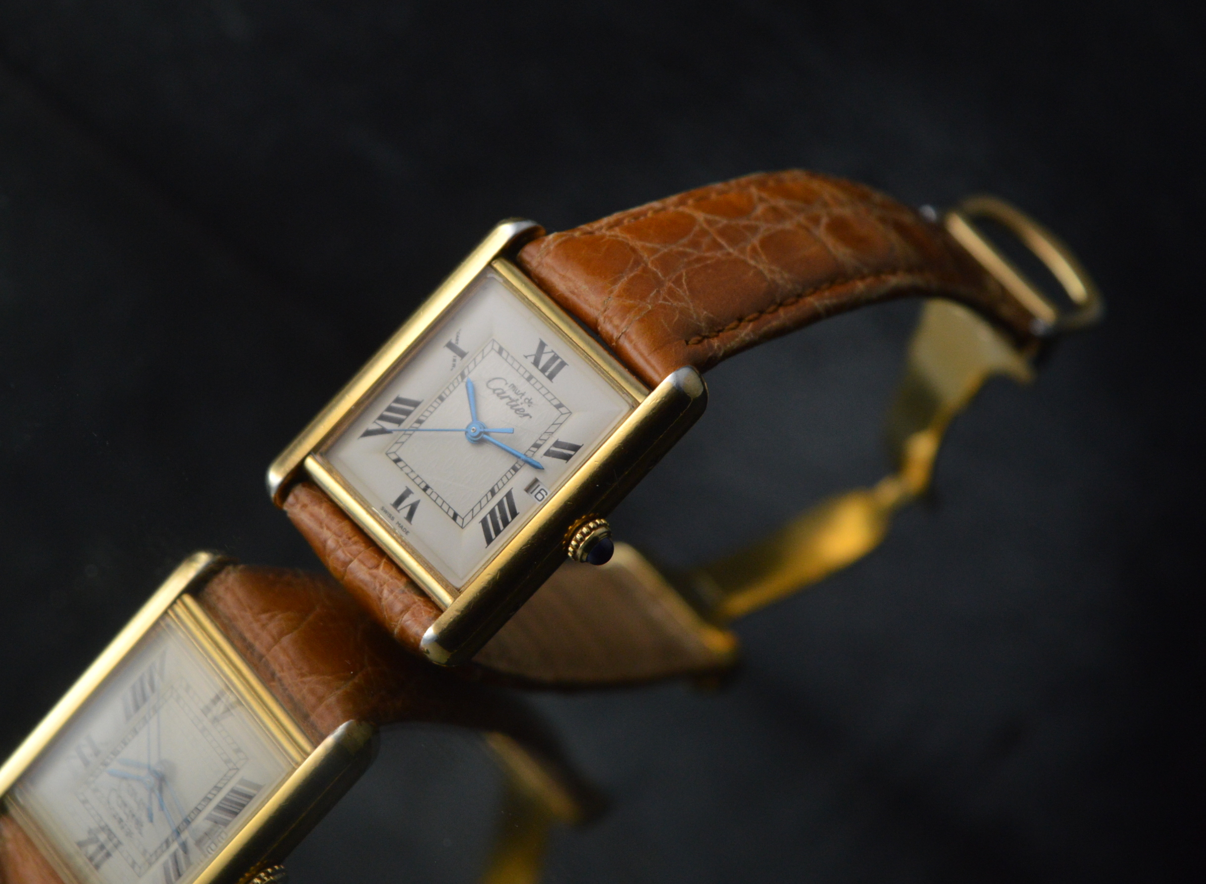 CARTIER MUST VERMEIL TANK XL VINTAGE REF.2413 QUARTZ LEATHER 26 X 34MM 1990'S